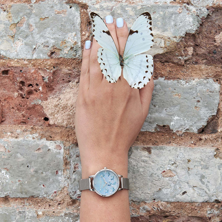 Olivia Burton Pale Blue Mother of Pearl Butterflies & Faux Pearl Midi Dial Silver Mesh Women's Slim Watch - OB16MB36