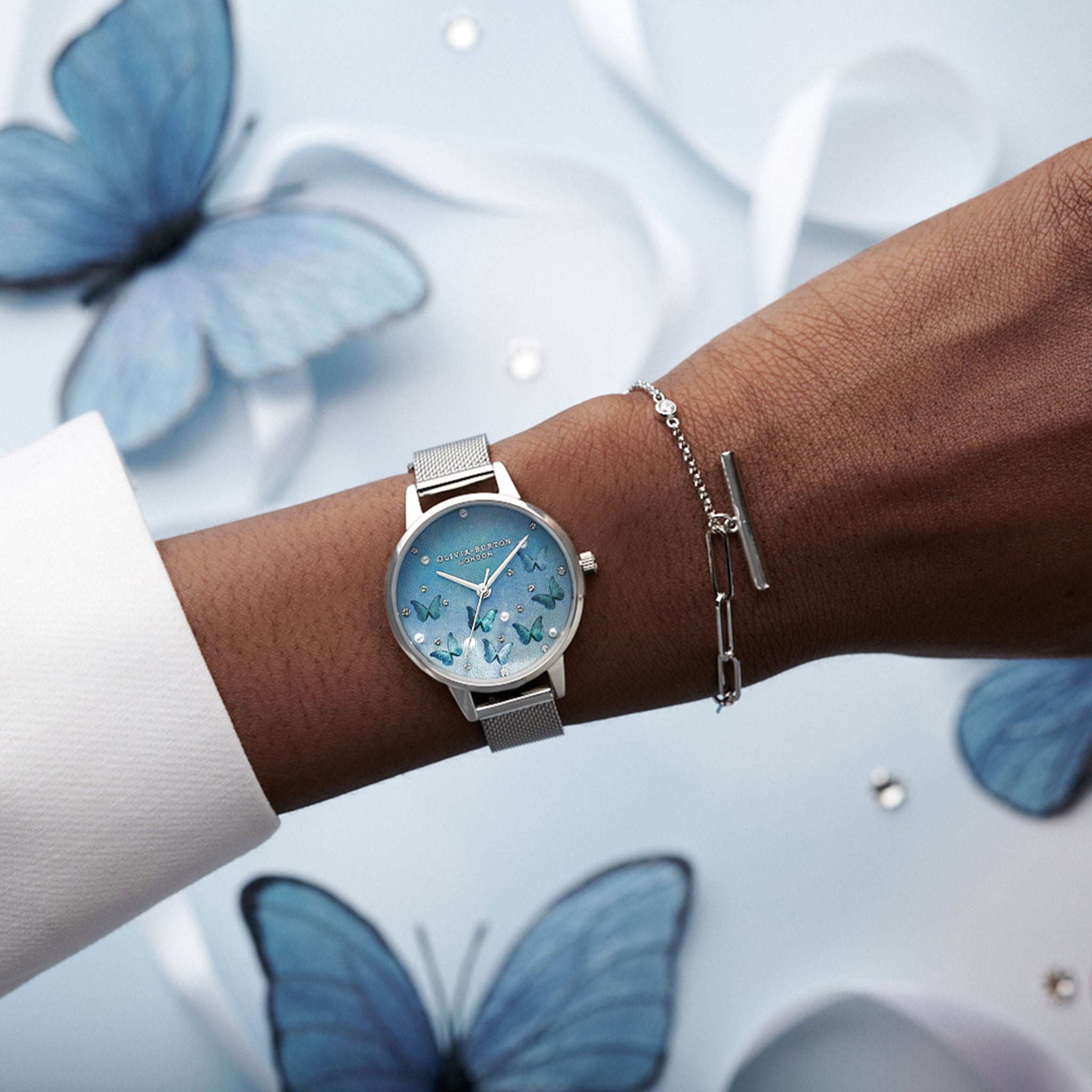 Olivia Burton Pale Blue Mother of Pearl Butterflies & Faux Pearl Midi Dial Silver Mesh Women's Slim Watch - OB16MB36