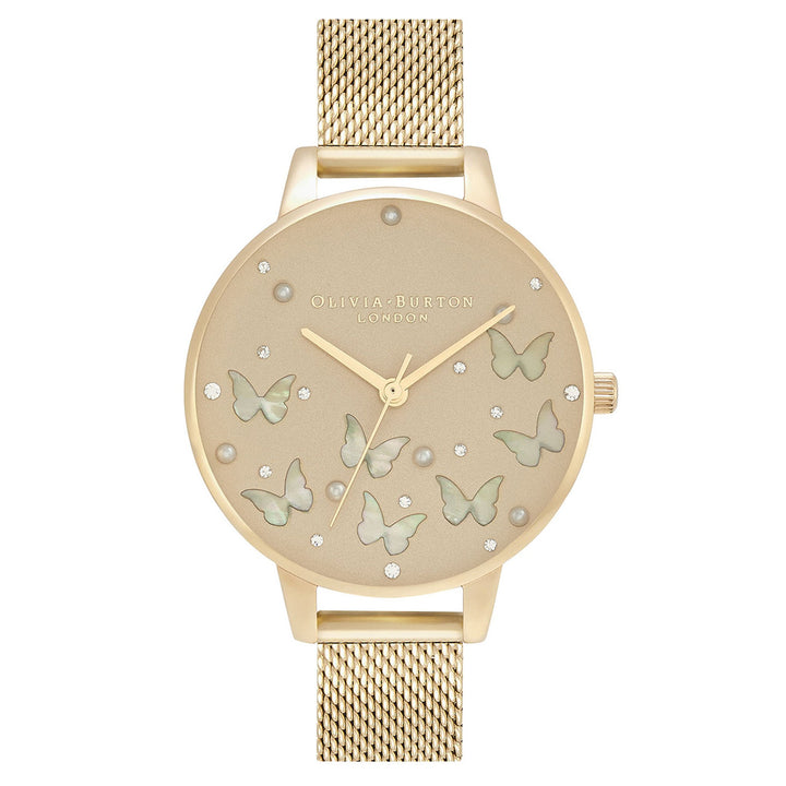 Olivia Burton Sparkle Butterfly, Demi Gold Dial With Mother Of Pearl, Gold Mesh Women's Watch - OB16MB37