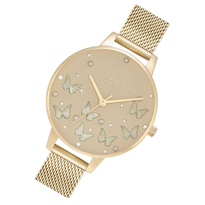 Olivia Burton Sparkle Butterfly, Demi Gold Dial with Mother of Pearl, Gold Mesh Women's Watch - OB16MB37