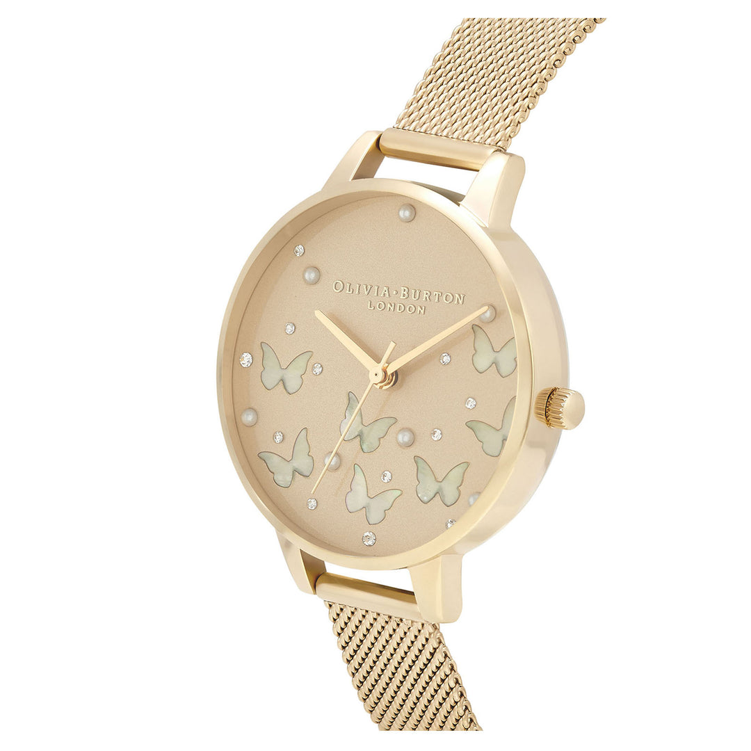 Olivia Burton Sparkle Butterfly, Demi Gold Dial with Mother of Pearl, Gold Mesh Women's Watch - OB16MB37