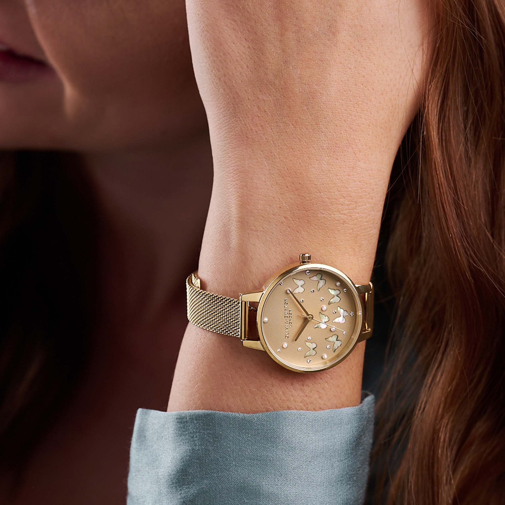 Olivia Burton Sparkle Butterfly, Demi Gold Dial with Mother of Pearl, Gold Mesh Women's Watch - OB16MB37