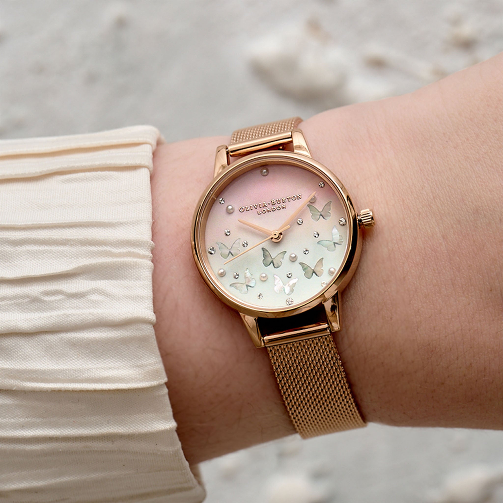 Olivia Burton Sparkle Butterfly, Midi Blush Dial With Blue Mother of Pearl, Rose Gold Mesh Women's Watch - OB16MB38