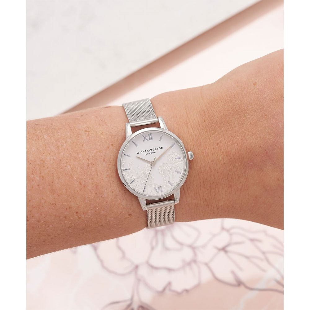 Olivia Burton Lace Detail Silver Mesh Ladies Watch - OB16MV54