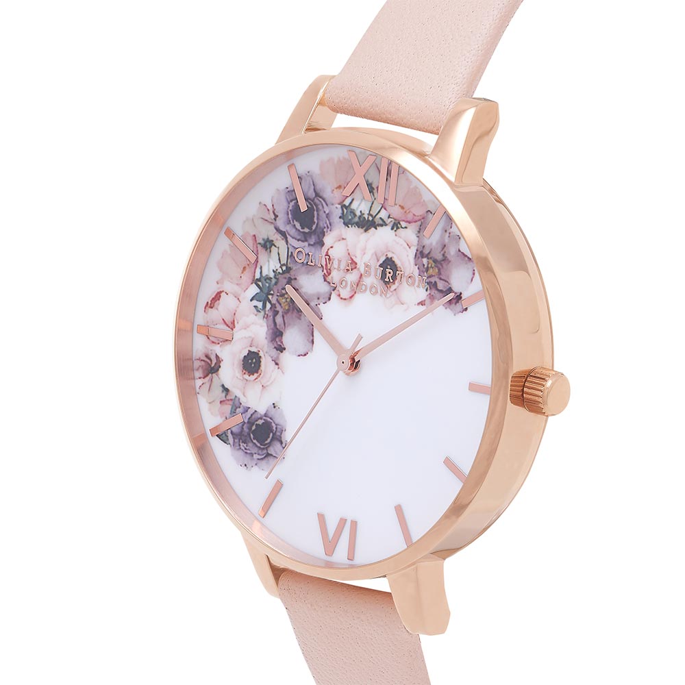 Olivia Burton Watercolour Nude Peach Leather White and Floral Dial Women's Watch - OB16PP30
