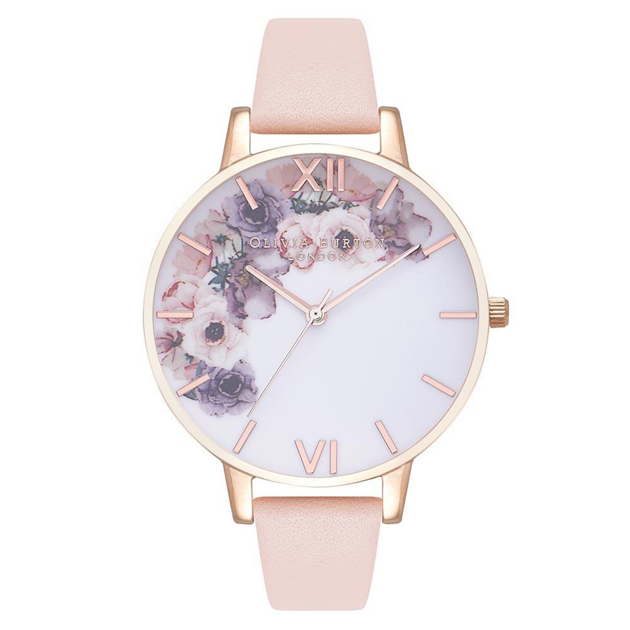 Olivia Burton Watercolour Nude Peach Leather White and Floral Dial Women's Watch - OB16PP30