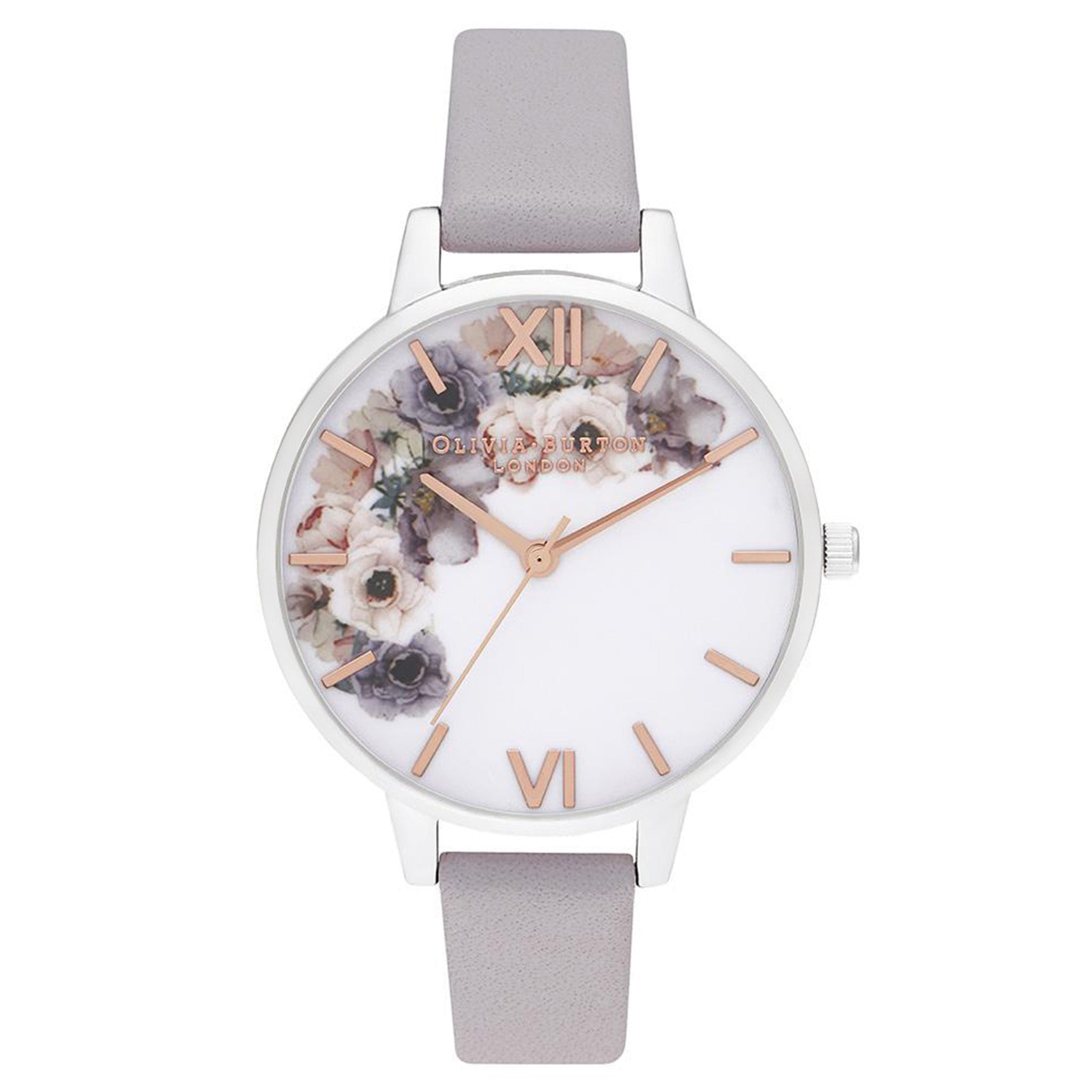 Olivia Burton Watercolour Florals Grey Lilac Leather Women's Watch - OB16PP56