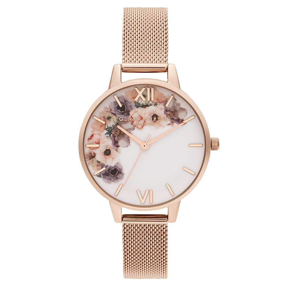 Olivia Burton Watercolour Florals Pale Rose Gold Mesh Ladies Watch - OB16PP57