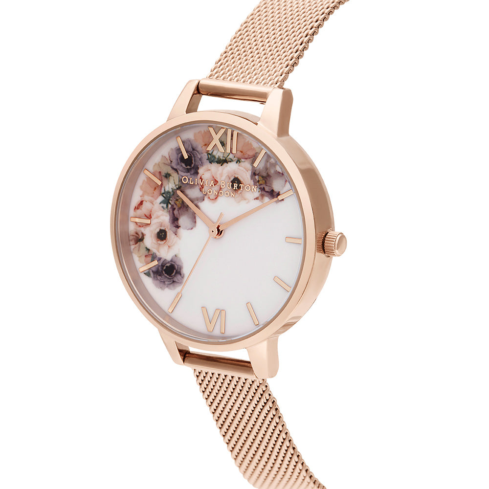Olivia Burton Watercolour Florals Pale Rose Gold Mesh Ladies Watch - OB16PP57