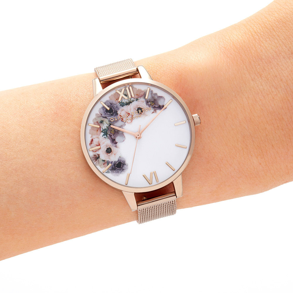 Olivia Burton Watercolour Florals Pale Rose Gold Mesh Ladies Watch - OB16PP57
