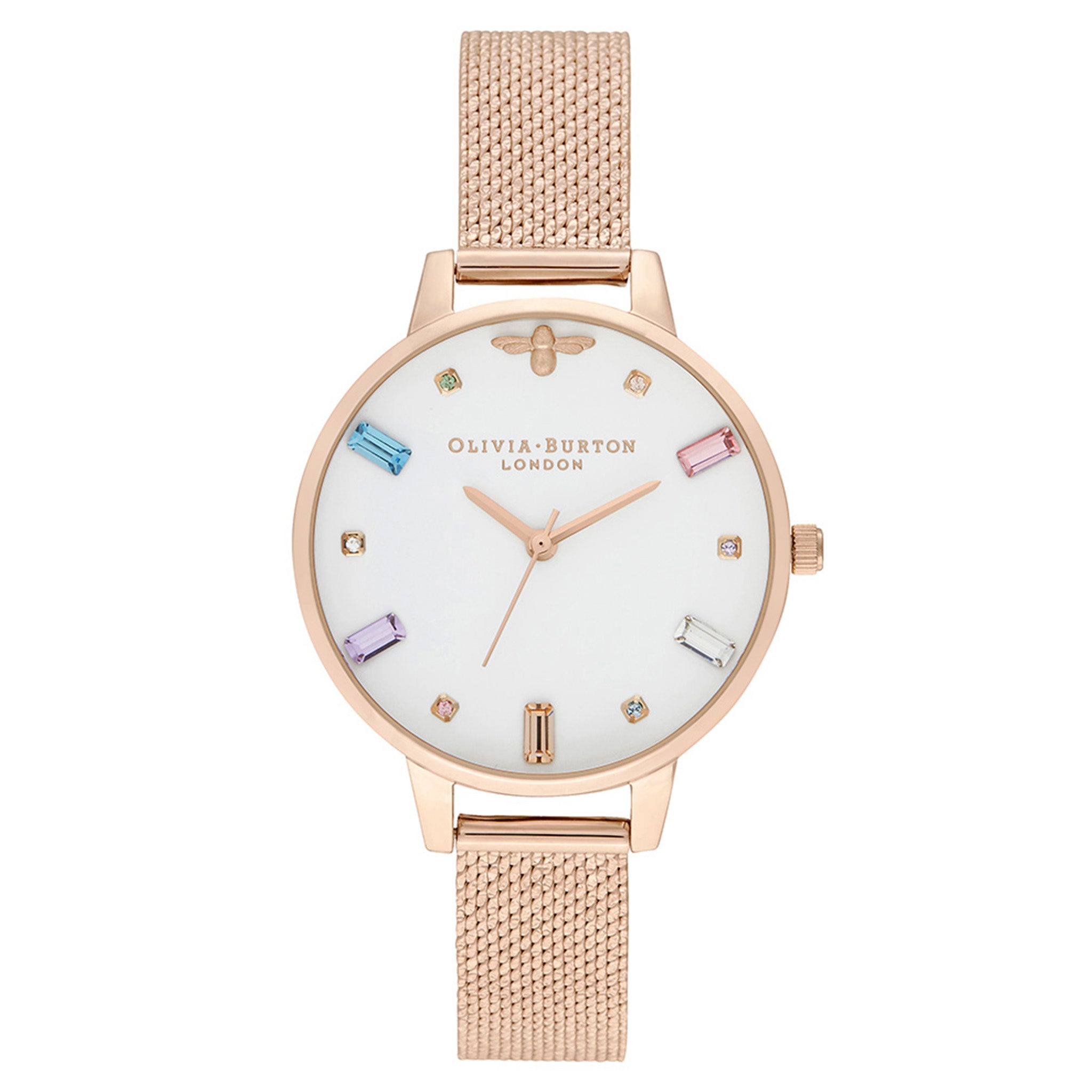Olivia Burton Rainbow Bee Pale Rose Gold Mesh White Dial Women's Watch - OB16RB15