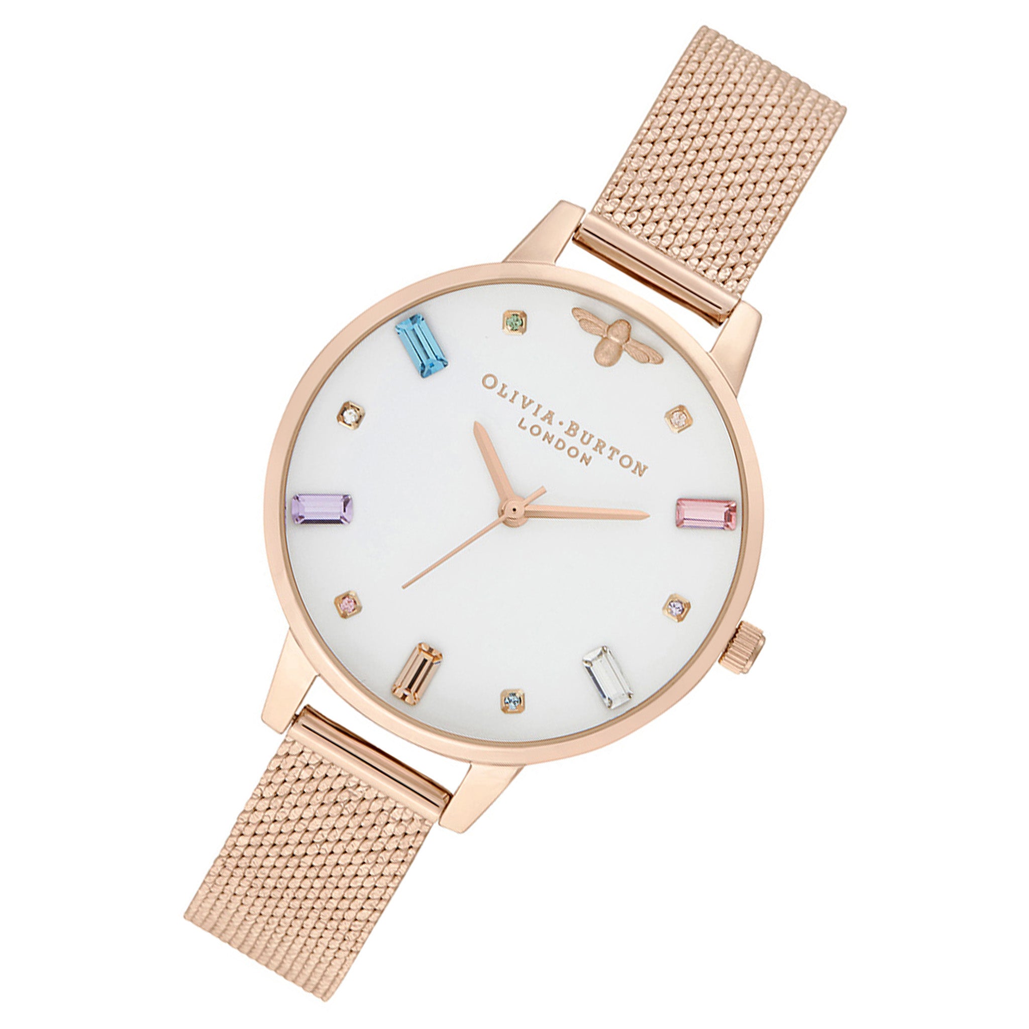 Olivia Burton Rainbow Bee Pale Rose Gold Mesh White Dial Women's Watch - OB16RB15