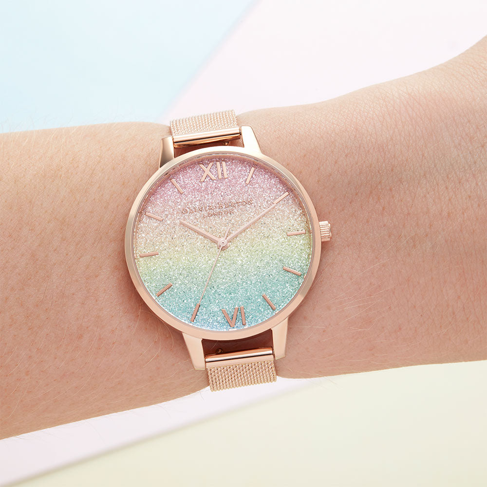 Olivia Burton Rainbow Glitter Dial & Rose Gold Mesh Ladies Watch - OB16RB18