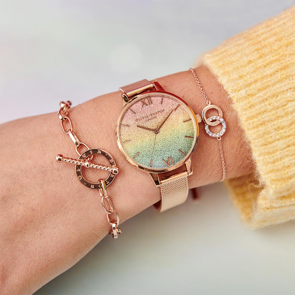 Olivia Burton Rainbow Glitter Dial & Rose Gold Mesh Ladies Watch - OB16RB18