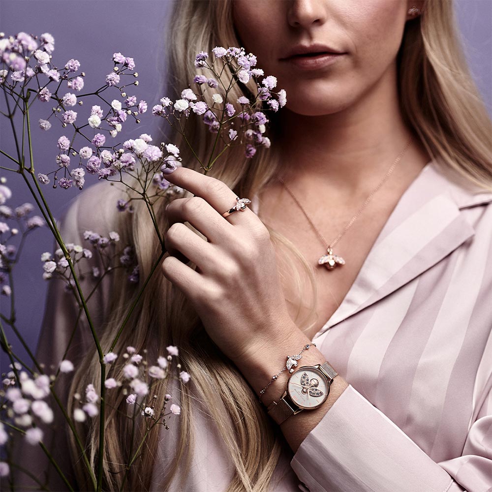 Olivia Burton Rainbow Bee Rose Gold Mesh Women's Watch - OB16RB28