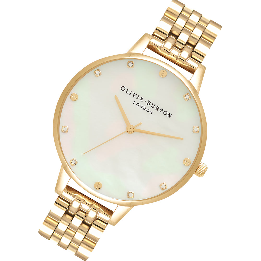 Olivia Burton White Mother Of Pearl, Thin Case Gold Bracelet Women's Watch - OB16SE13