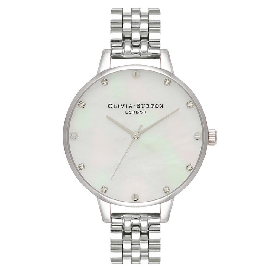 Olivia Burton White Mother Of Pearl, Thin Case Silver Bracelet Women's Watch - OB16SE14