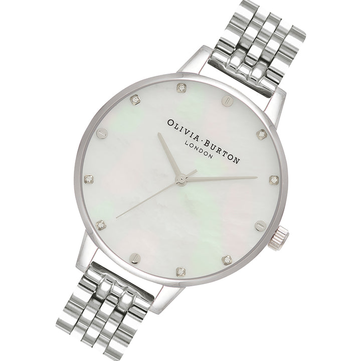 Olivia Burton White Mother Of Pearl, Thin Case Silver Bracelet Women's Watch - OB16SE14