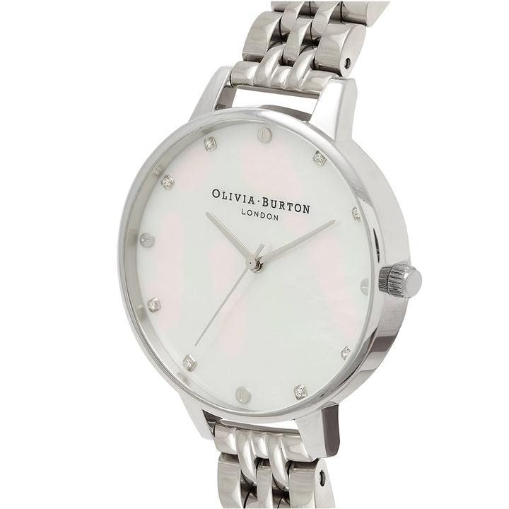 Olivia Burton White Mother Of Pearl, Thin Case Silver Bracelet Women's Watch - OB16SE14