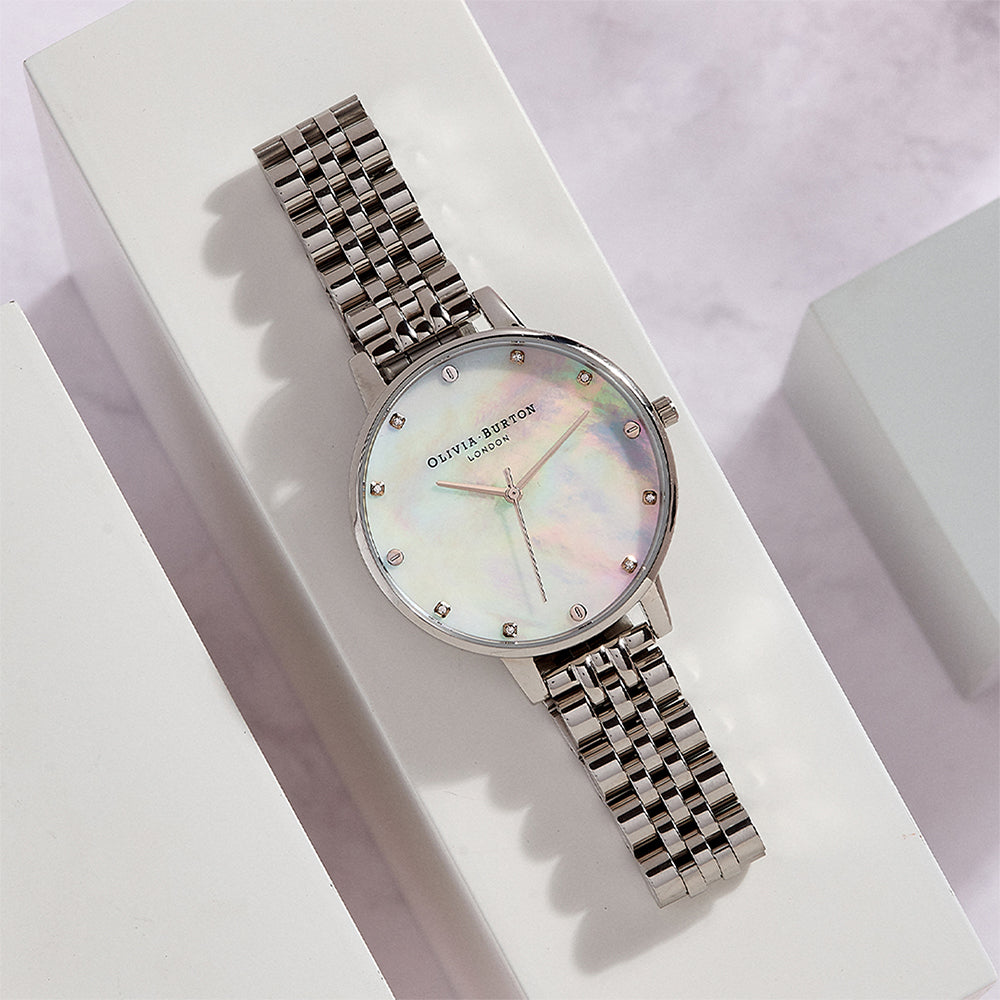 Olivia Burton White Mother Of Pearl, Thin Case Silver Bracelet Women's Watch - OB16SE14