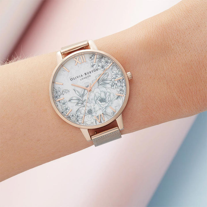 Olivia Burton Terrazzo Floral Rose Gold Mesh Women's Watch - OB16TZ04