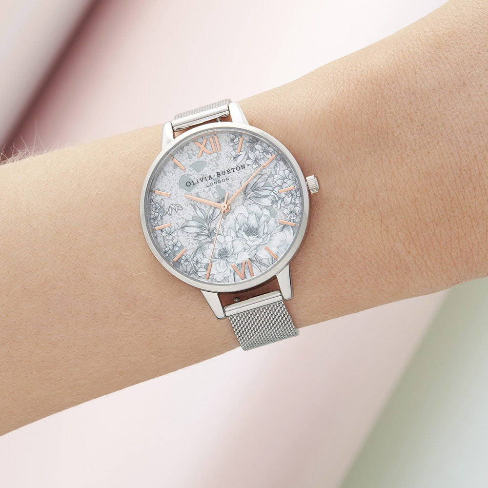 時計 OLIVIA BURTON OB16US64set Abstract Florals 30mm White & Rose Gold Mesh Watch | Olivia