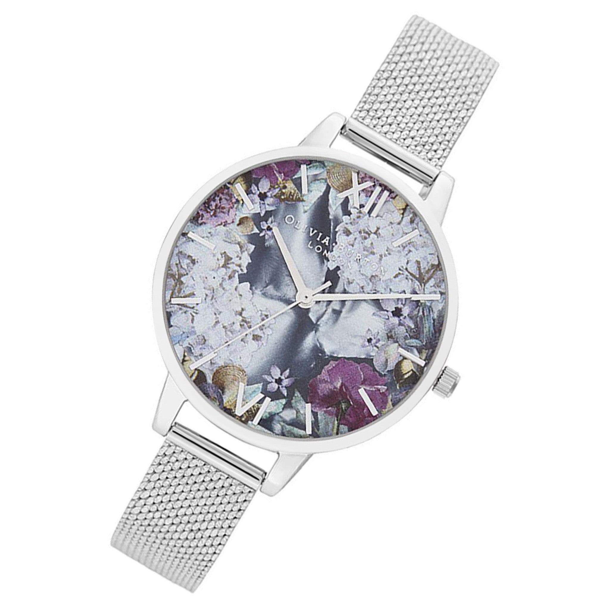 Olivia Burton Under The Sea Silver Mesh Floral Dial Women's Watch - OB16US11