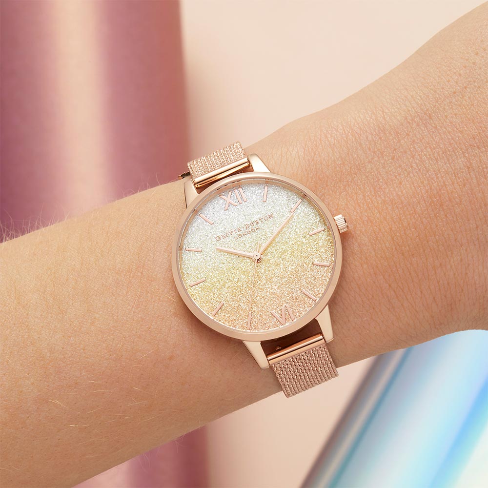 Olivia Burton Sunset Ombre Glitter Demi Rose Gold Boucle Mesh Women's Watch - OB16US58