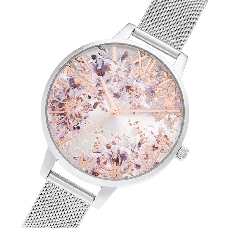 Olivia Burton Abstract Floral Demi Silver Mesh Women's Watch - OB16VM46