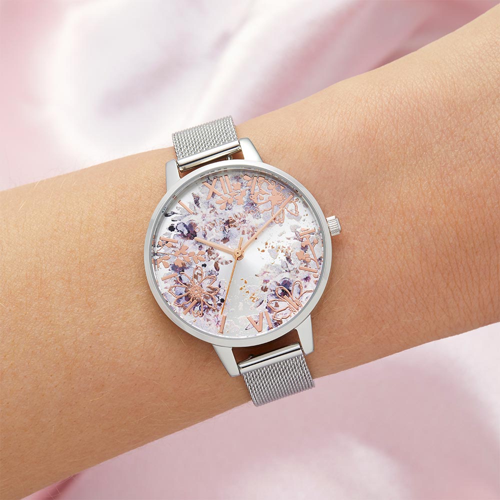 Olivia Burton Abstract Floral Demi Silver Mesh Women's Watch