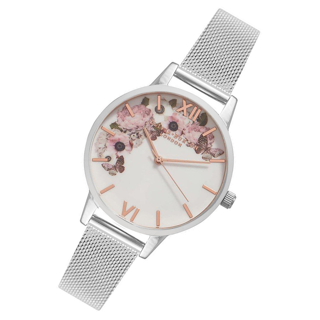 Olivia Burton Signature Silver Mesh White and Floral Dial Women's Watch - OB16WG30