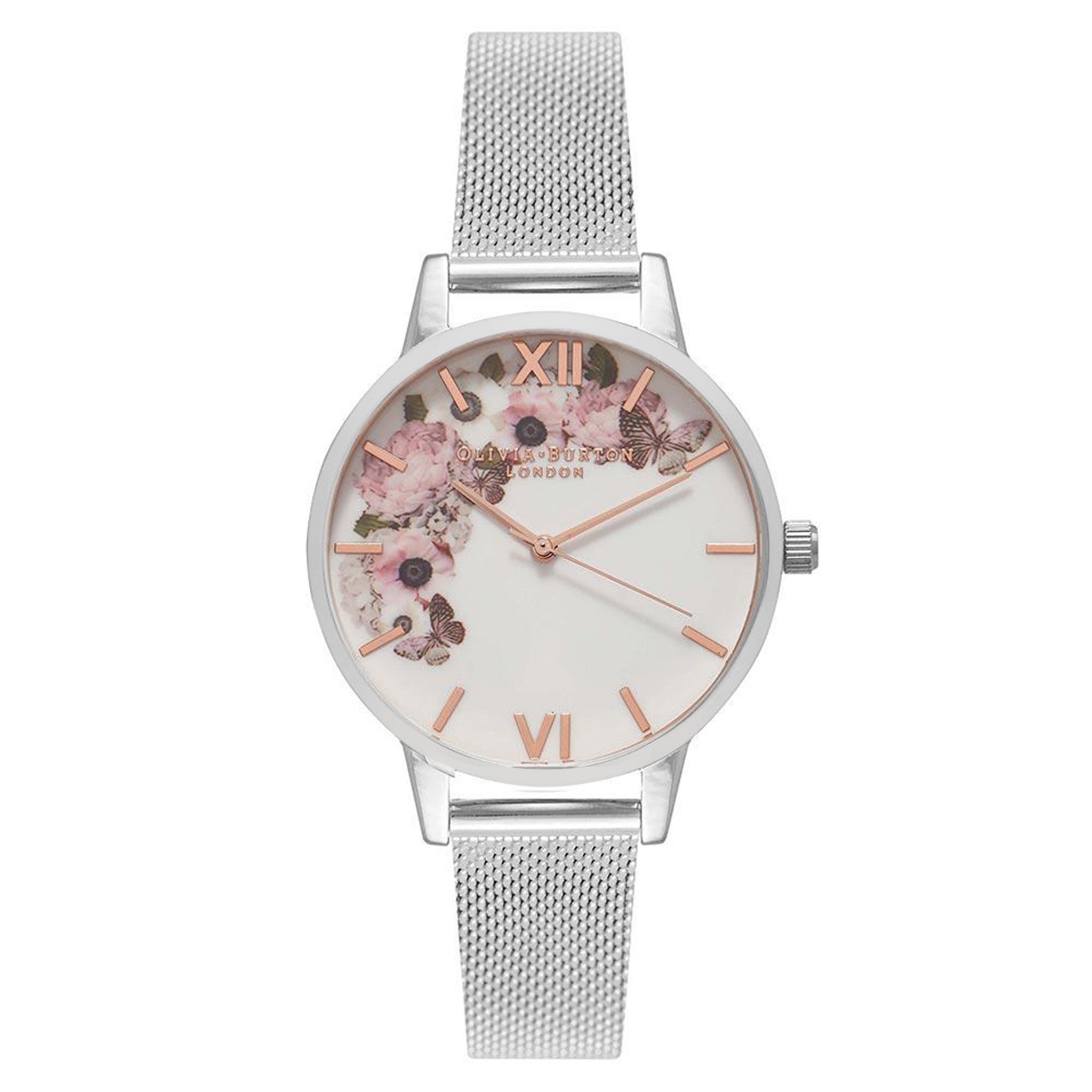 Olivia Burton Signature Silver Mesh White and Floral Dial Women's Watch - OB16WG30