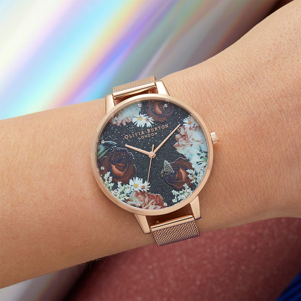 Olivia Burton Winter Blooms Rose Gold Mesh Women's Watch - OB16WG80