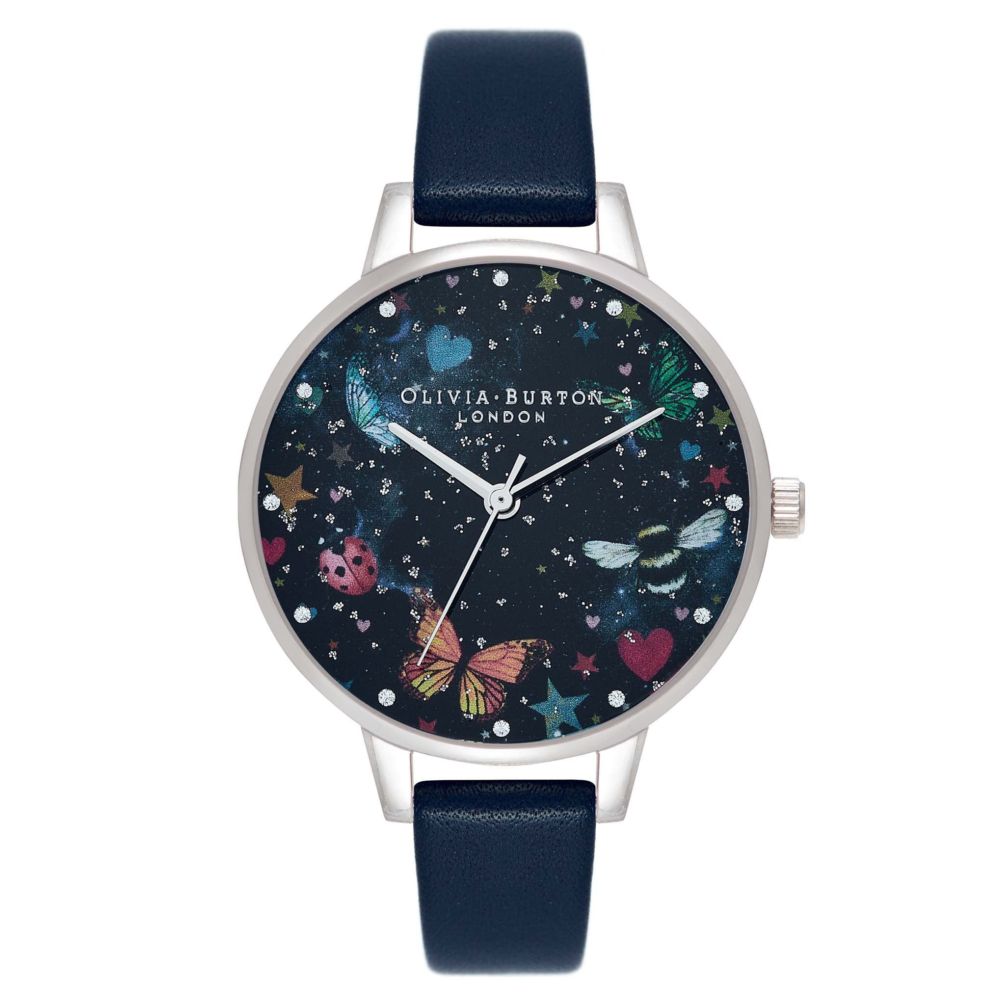 Olivia Burton Night Garden Demi Dial, Slim Case Navy & Silver Watch - OB16WG86