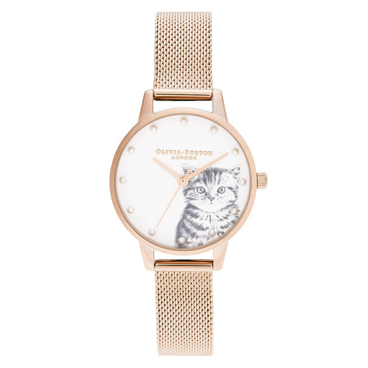 Olivia Burton Illustrated Animals Pearly Kitten, Rose Gold Mesh Ladies Watch - OB16WL88