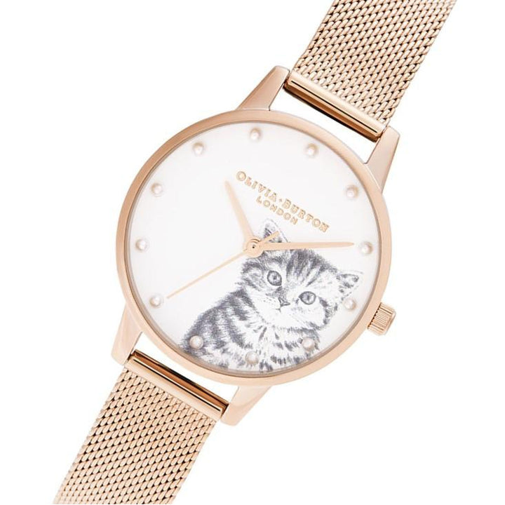 Olivia Burton Illustrated Animals Pearly Kitten, Rose Gold Mesh Ladies Watch - OB16WL88