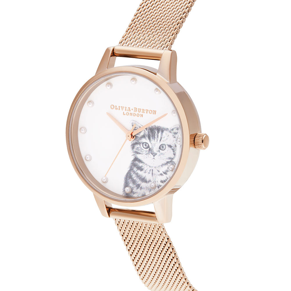 Olivia Burton Illustrated Animals Pearly Kitten, Rose Gold Mesh Ladies Watch - OB16WL88