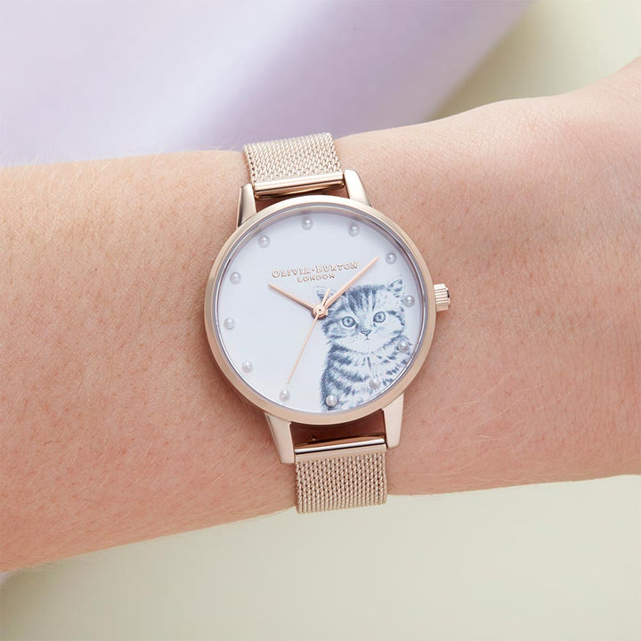 Olivia Burton Illustrated Animals Pearly Kitten, Rose Gold Mesh Ladies Watch - OB16WL88