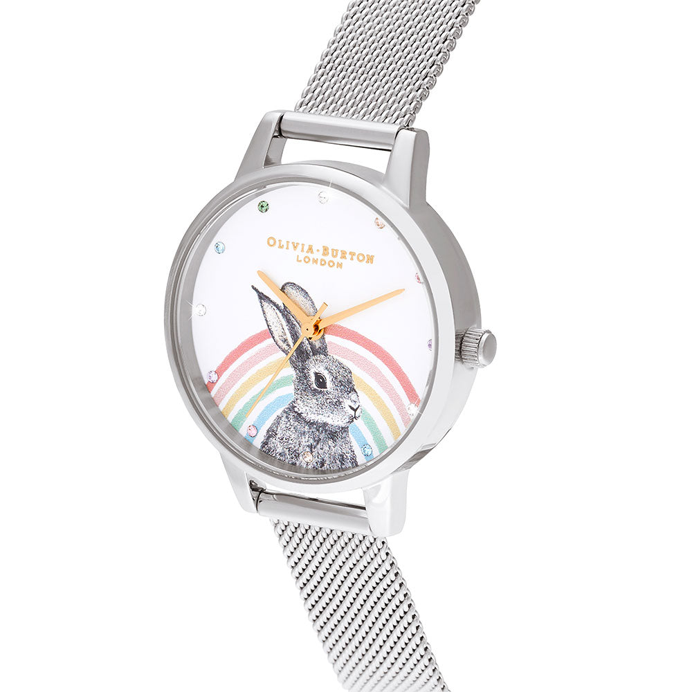 Olivia Burton Illustrated Animals Rainbow Bunny Silver Mesh Women's Watch - OB16WL89
