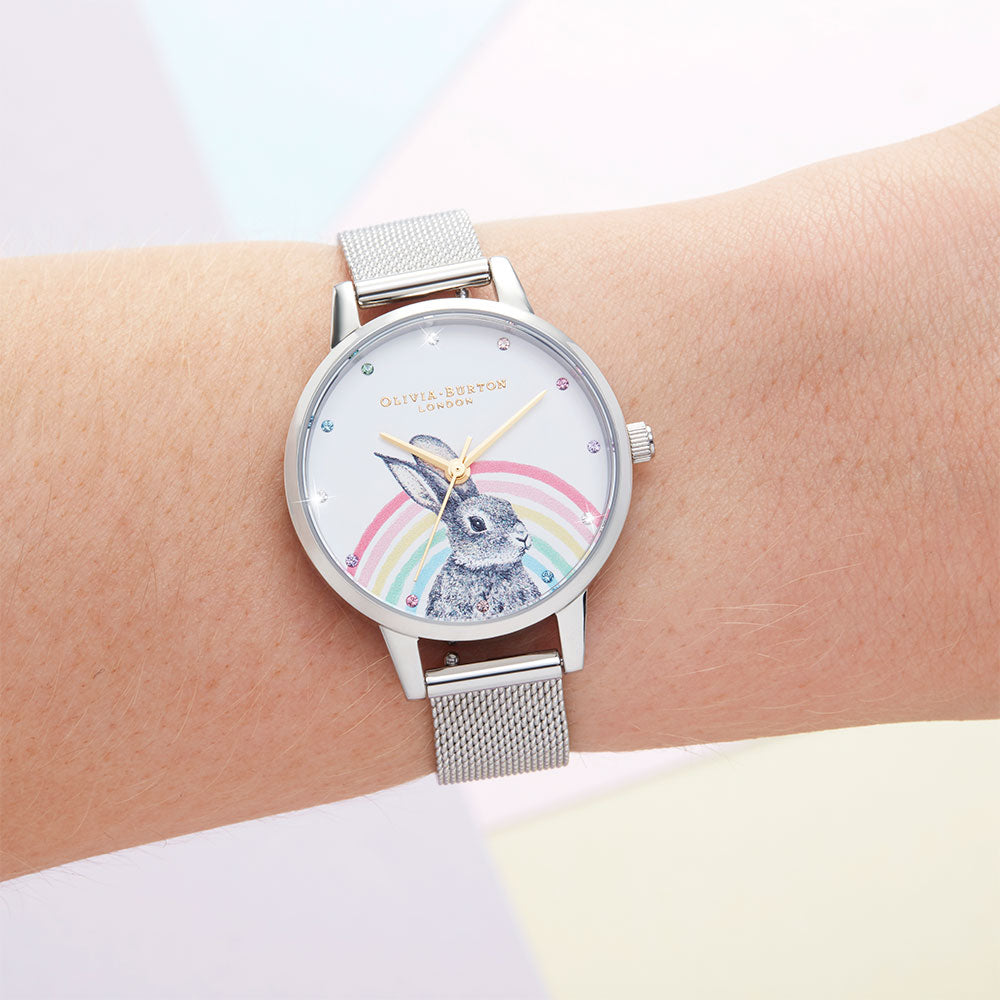 Olivia Burton Illustrated Animals Rainbow Bunny Silver Mesh Women's Watch - OB16WL89
