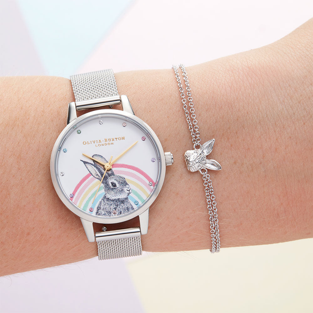 Olivia Burton Illustrated Animals Rainbow Bunny Silver Mesh Women's Watch - OB16WL89