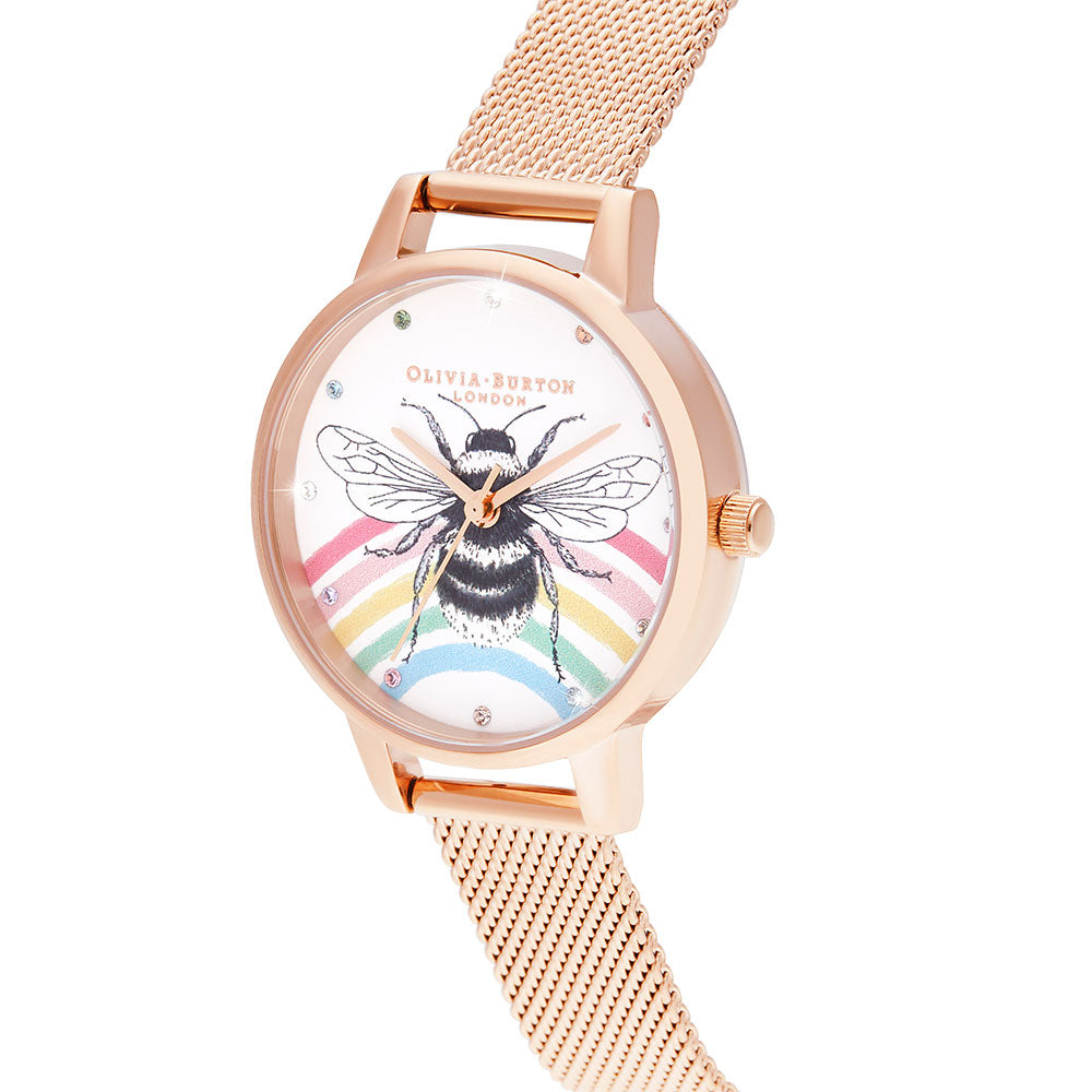 Olivia Burton Illustrated Animals Rainbow Bee, Rose Gold Mesh Ladies Watch - OB16WL90