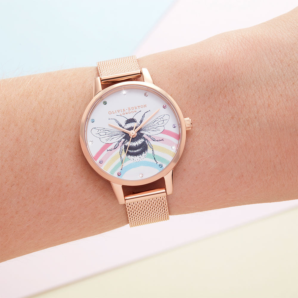 Olivia Burton Illustrated Animals Rainbow Bee, Rose Gold Mesh Ladies Watch - OB16WL90