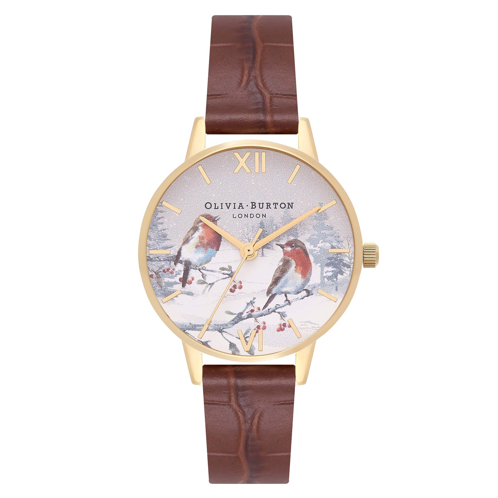 Olivia Burton Winter Wonderland Robins Midi Dial Brown Croc & Gold Women's Watch - OB16WL92