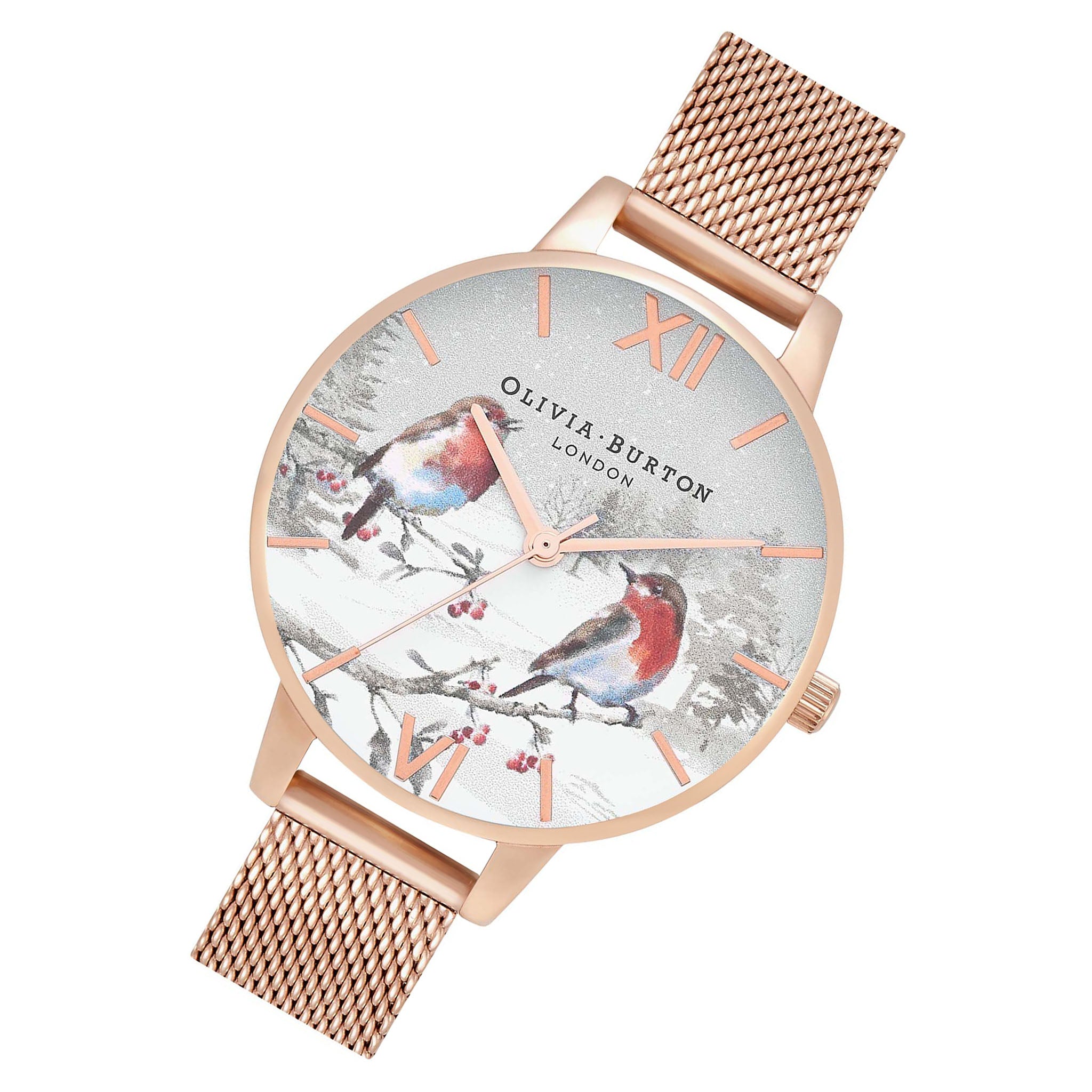 Olivia Burton Winter Wonderland Robins Demi Dial Rose Gold Mesh Women's Watch - OB16WL93