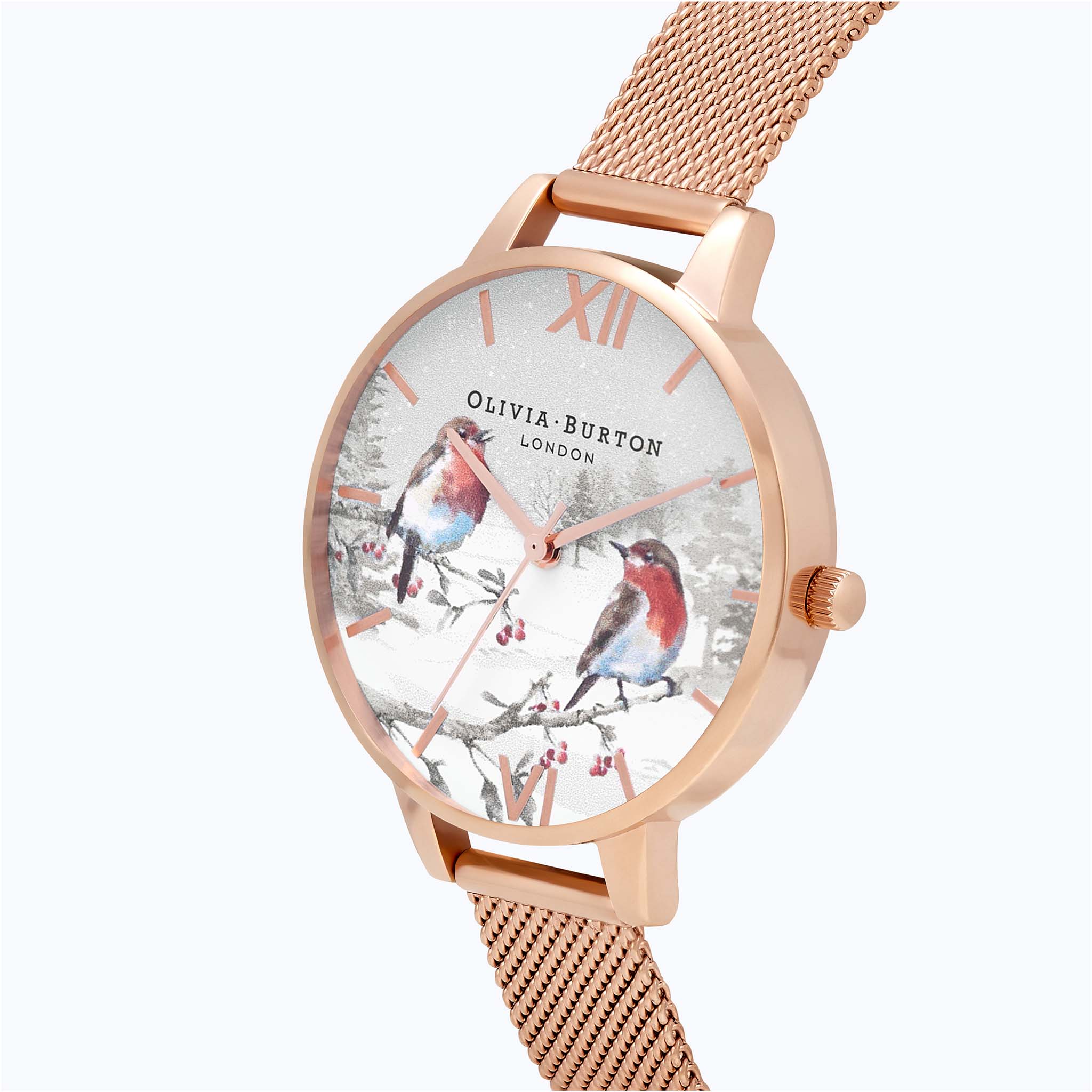 Olivia Burton Winter Wonderland Robins Demi Dial Rose Gold Mesh Women's Watch - OB16WL93