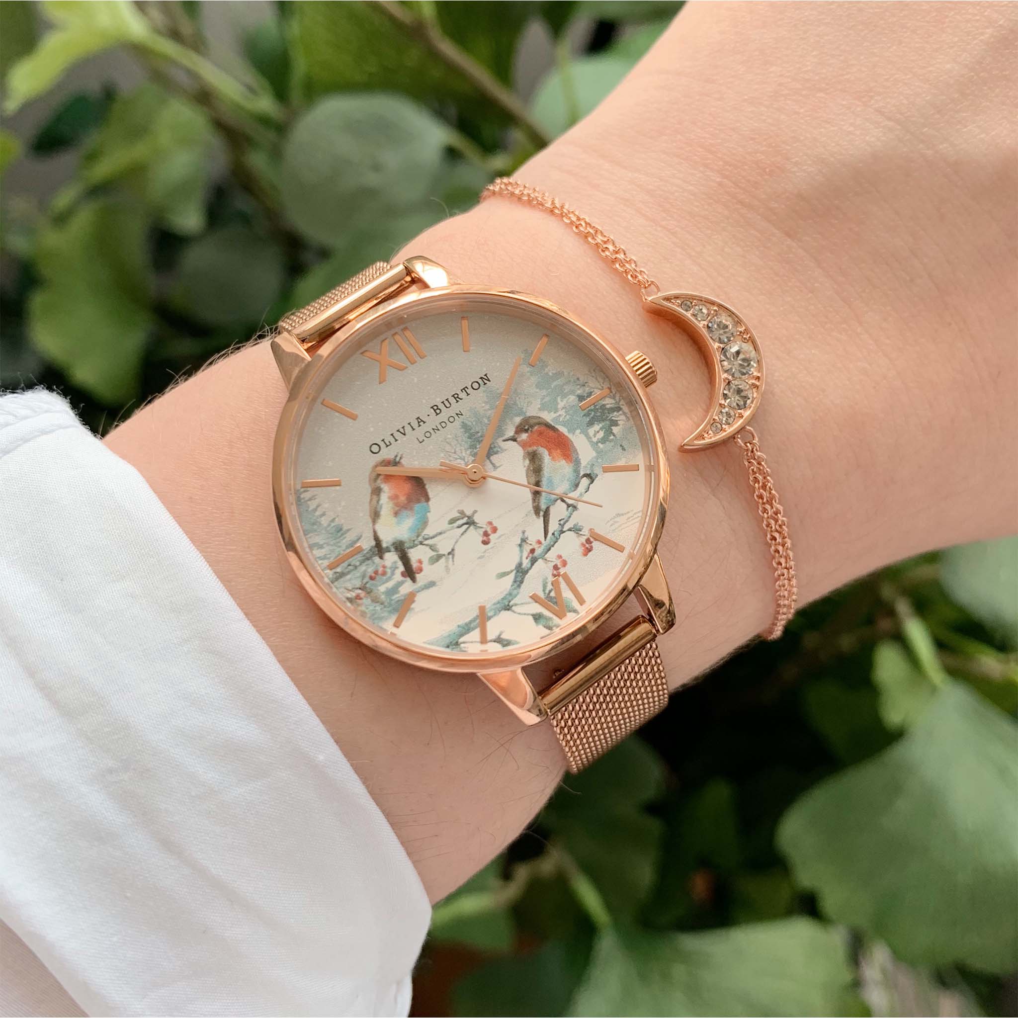 Olivia Burton Winter Wonderland Robins Demi Dial Rose Gold Mesh Women's Watch - OB16WL93
