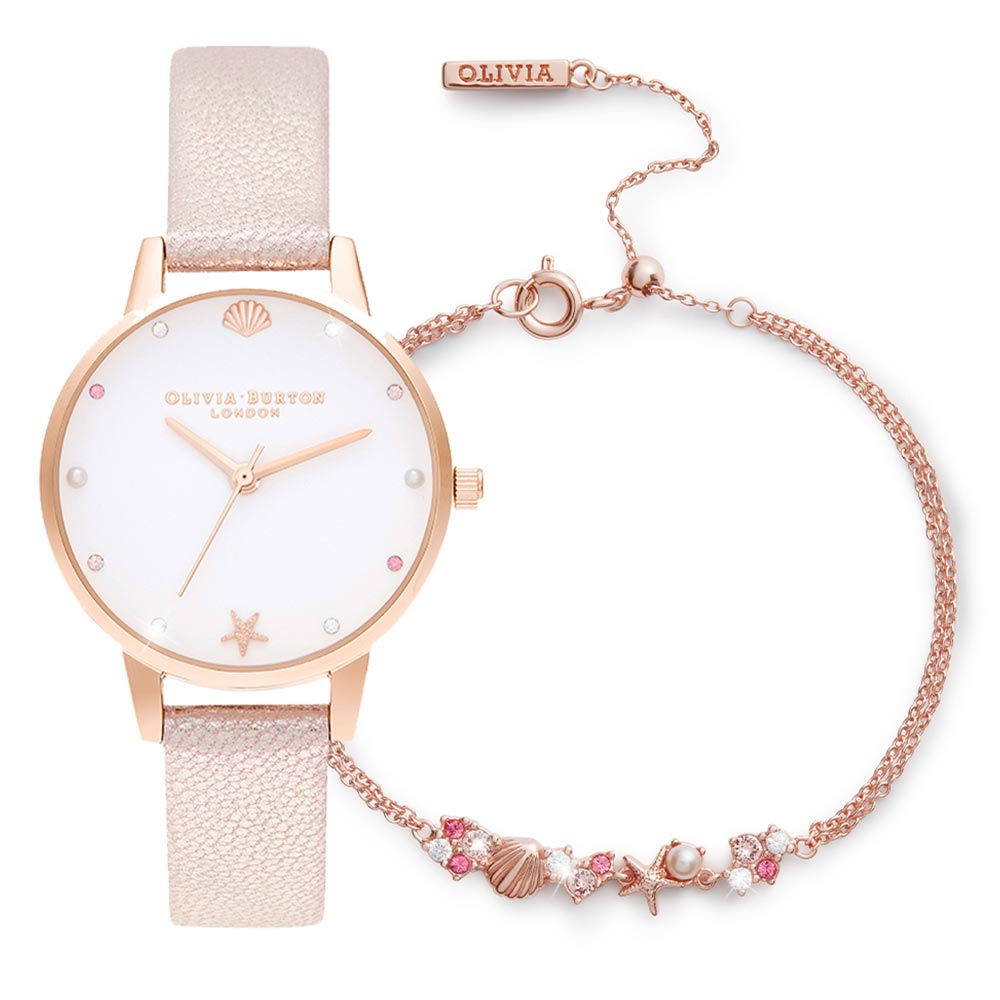 Olivia Burton Under The Sea Pearl Pink Leather Gift Set Women's Watch - OBGSET141