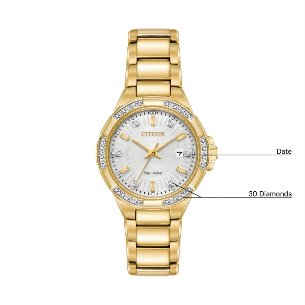 Citizen Ladies Diamond Eco-Drive Gold Stainless Steel Watch - EW2462-51A