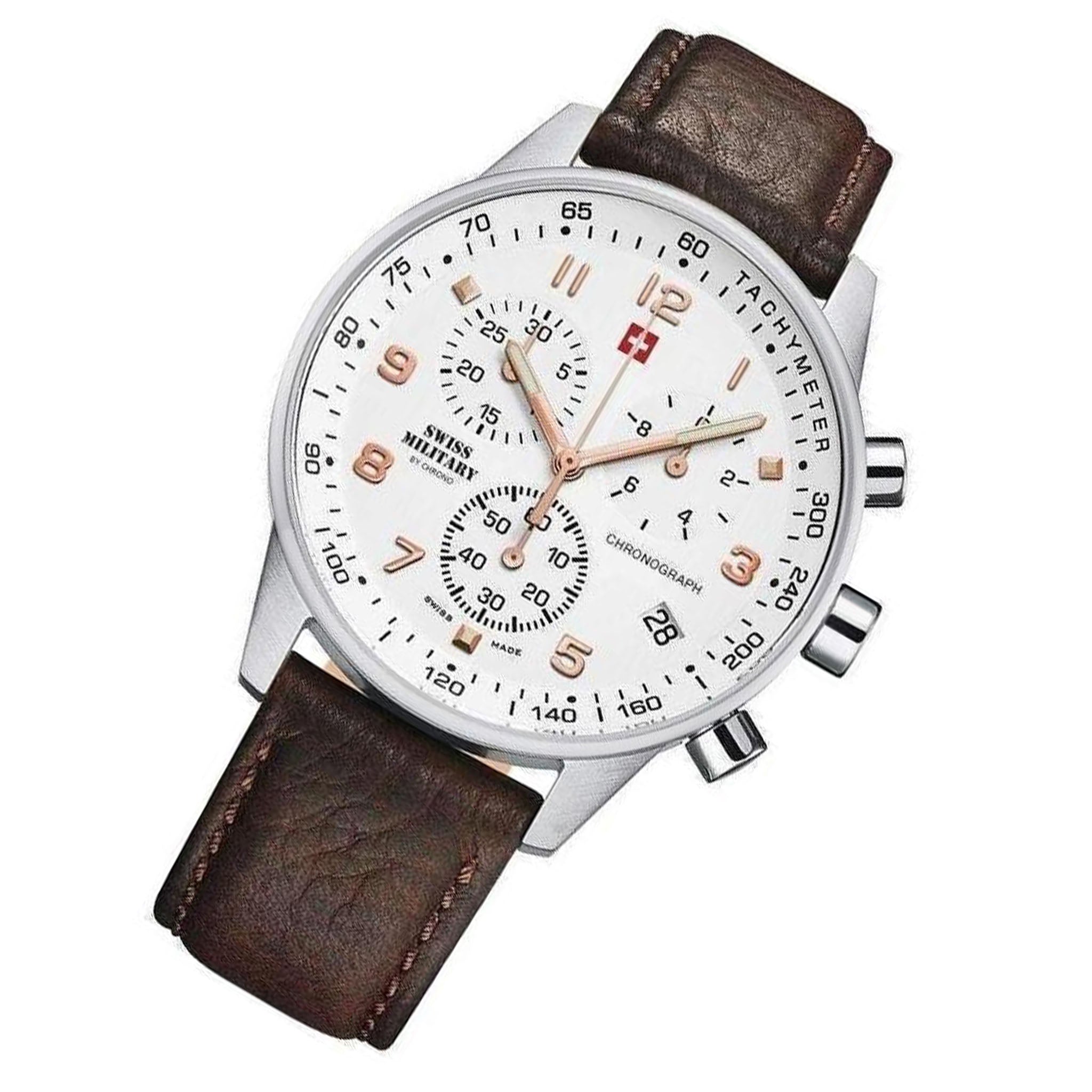 Swiss Military Brown Leather White Dial Chronograph Men's Watch - SM34012.11